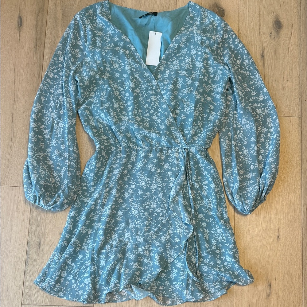 Aakaa Teal and White Floral Wrap Dress NWT Women's Small Fairy Whimsygoth Y2K
